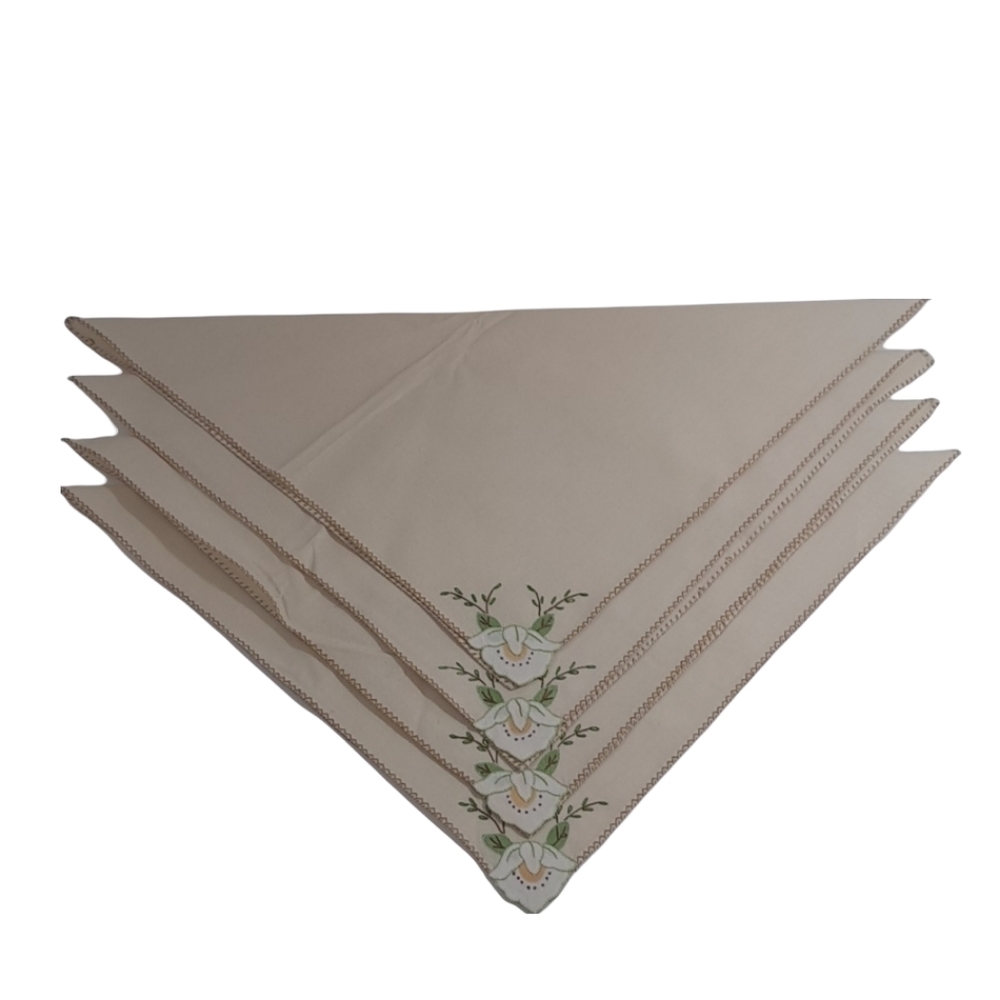 Hand Stitched Corner Floral Embroidery Tan Napkins Set Of 4